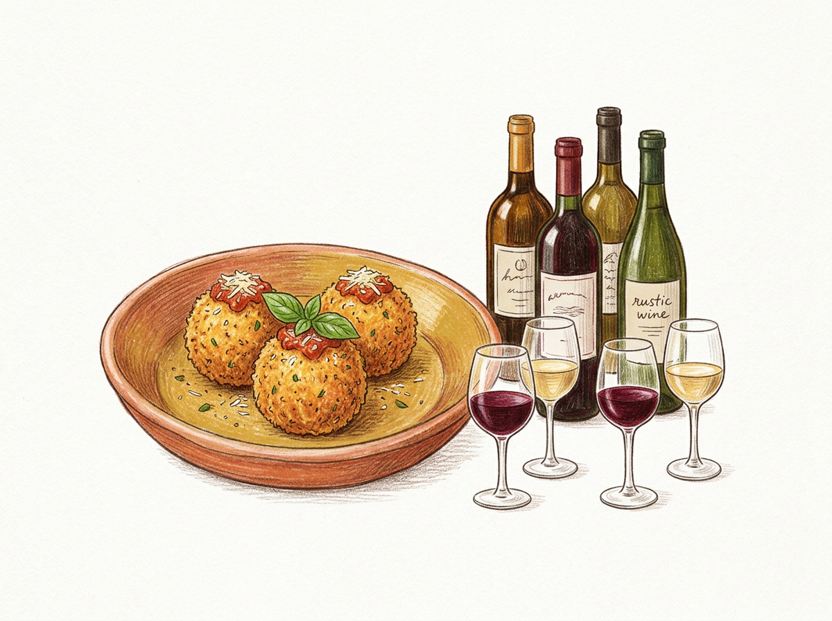 Colored pencil sketch of Arancini Trio and Wine Flight